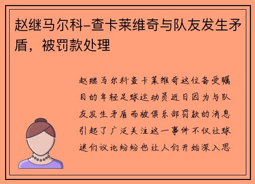 赵继马尔科-查卡莱维奇与队友发生矛盾，被罚款处理