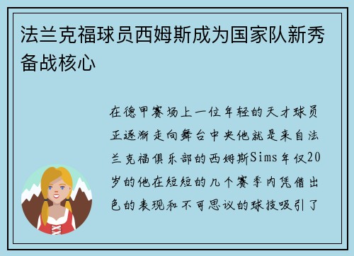 法兰克福球员西姆斯成为国家队新秀备战核心