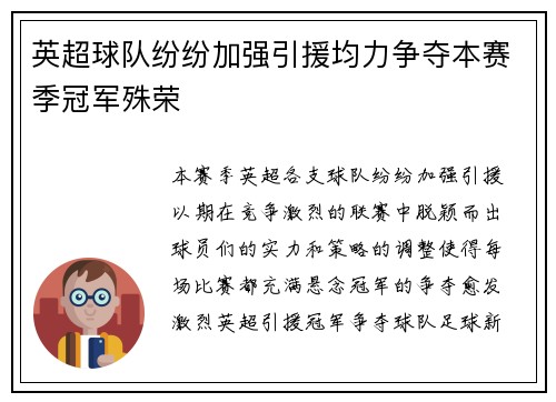 英超球队纷纷加强引援均力争夺本赛季冠军殊荣