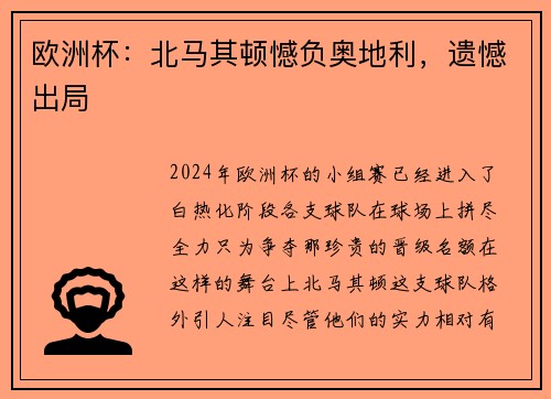 欧洲杯：北马其顿憾负奥地利，遗憾出局