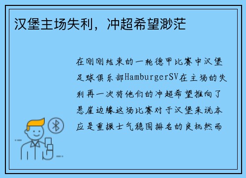 汉堡主场失利，冲超希望渺茫