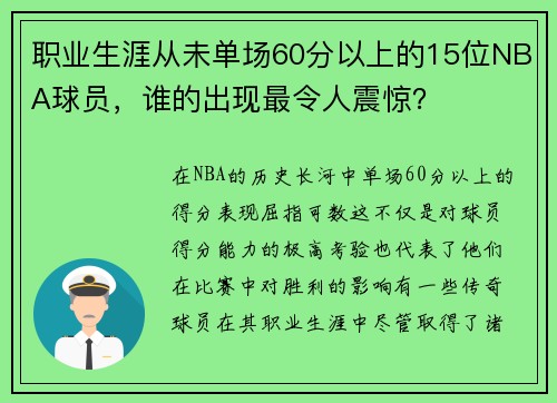 职业生涯从未单场60分以上的15位NBA球员，谁的出现最令人震惊？