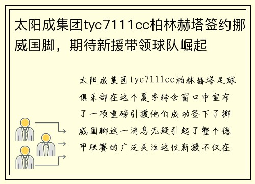 太阳成集团tyc7111cc柏林赫塔签约挪威国脚，期待新援带领球队崛起