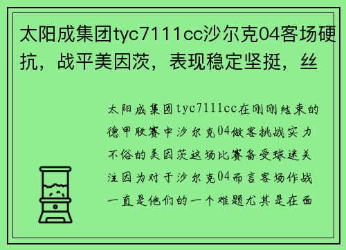 太阳成集团tyc7111cc沙尔克04客场硬抗，战平美因茨，表现稳定坚挺，丝毫不被动