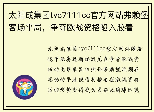 太阳成集团tyc7111cc官方网站弗赖堡客场平局，争夺欧战资格陷入胶着