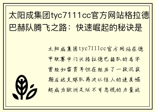 太阳成集团tyc7111cc官方网站格拉德巴赫队腾飞之路：快速崛起的秘诀是什么？