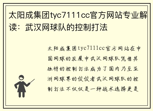 太阳成集团tyc7111cc官方网站专业解读：武汉网球队的控制打法